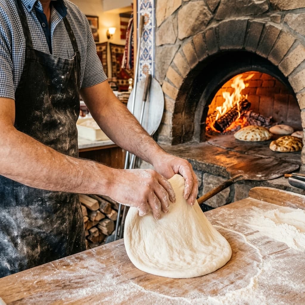 Stretching dough at the stone oven