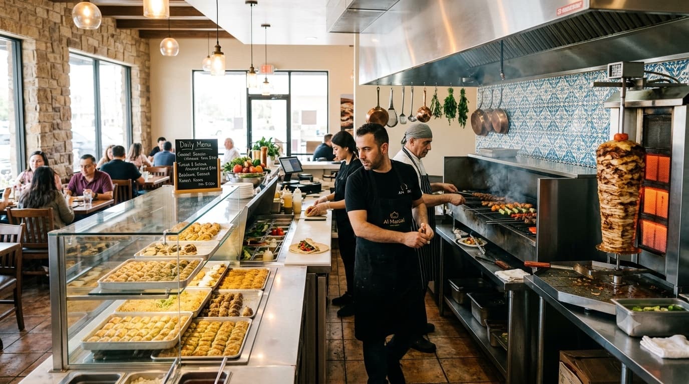 The open kitchen at Al Manjal
