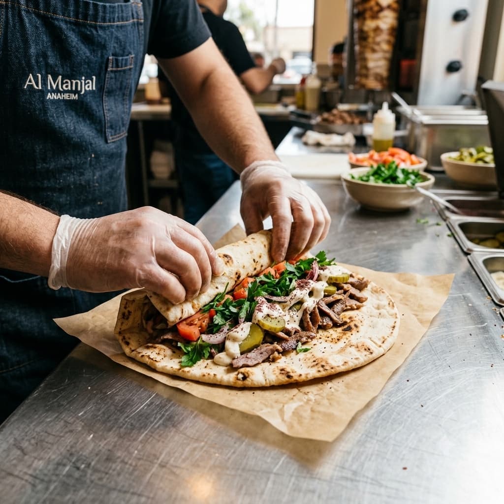 Building a fresh shawarma wrap by hand