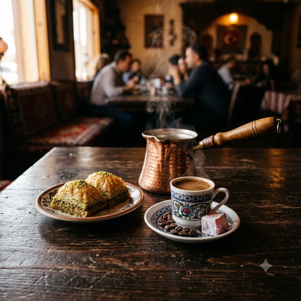 Baklava with Turkish coffee and cezve