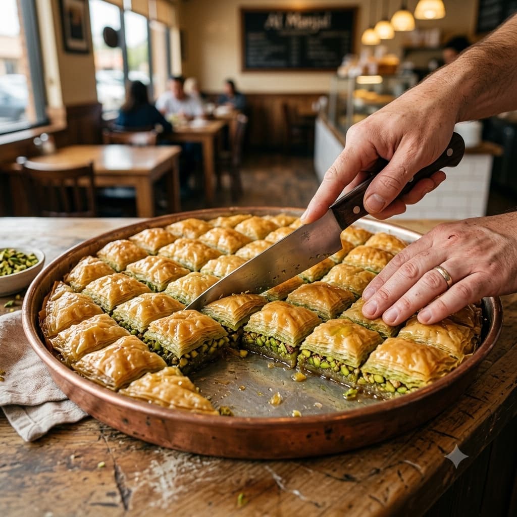 Cutting a fresh tray of baklava