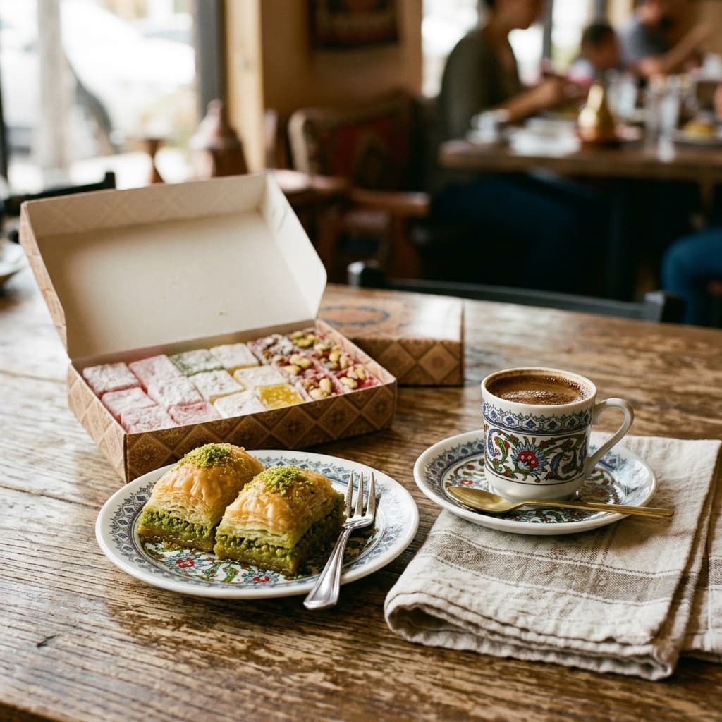 Baklava with a box of Turkish delight and coffee