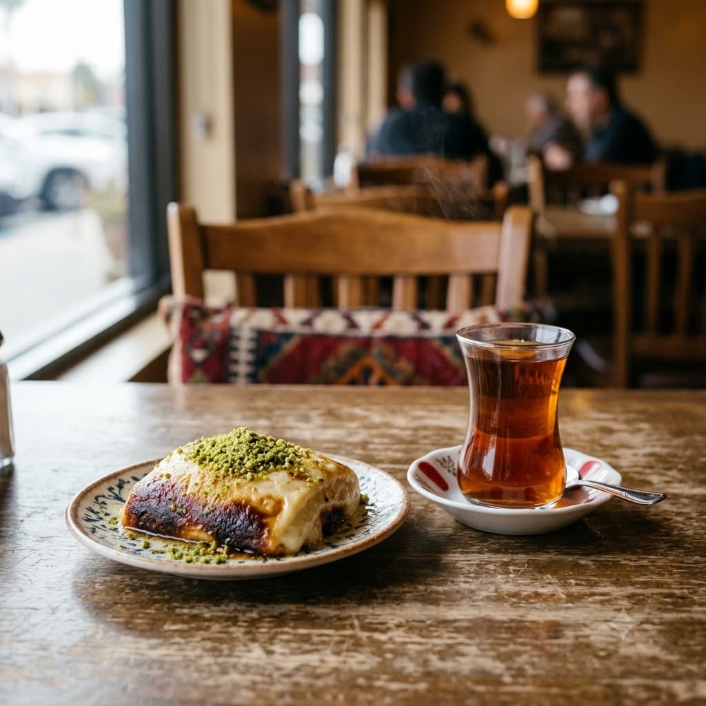 Kunafa with pistachio and Turkish tea
