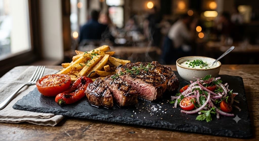 Ribeye plate with fries and salad