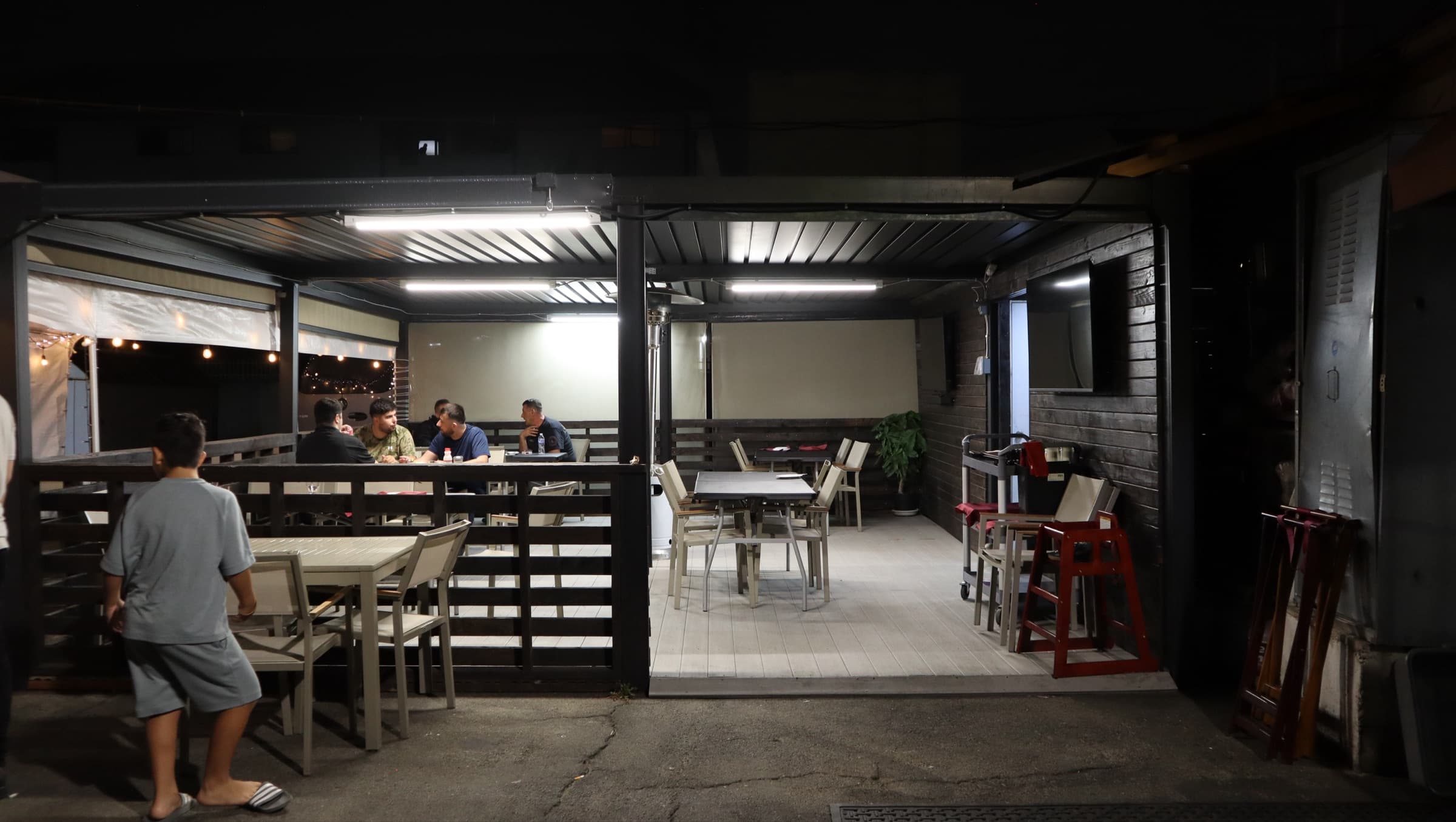 The covered patio at night