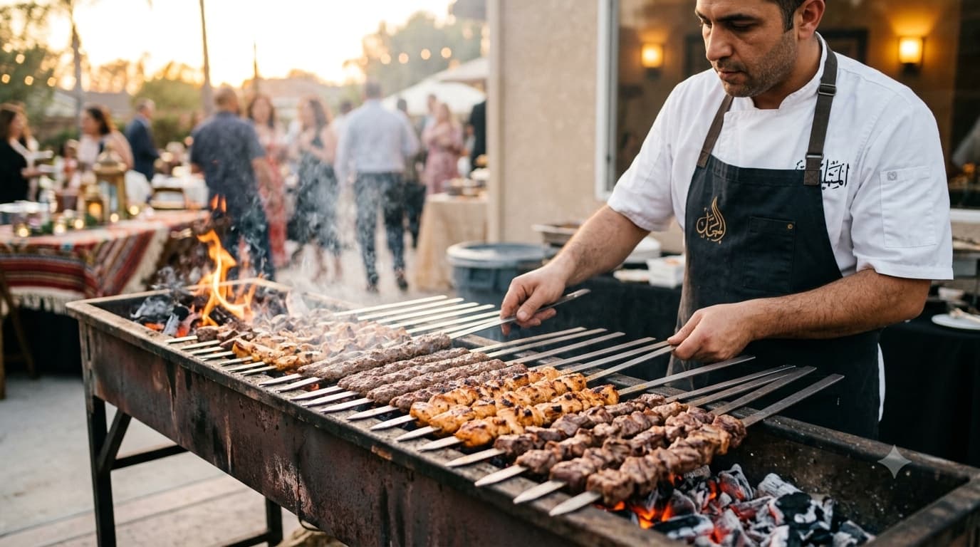 Chef grilling skewers at an outdoor catering event