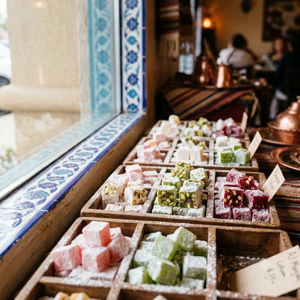 Turkish delight display by the tiled window