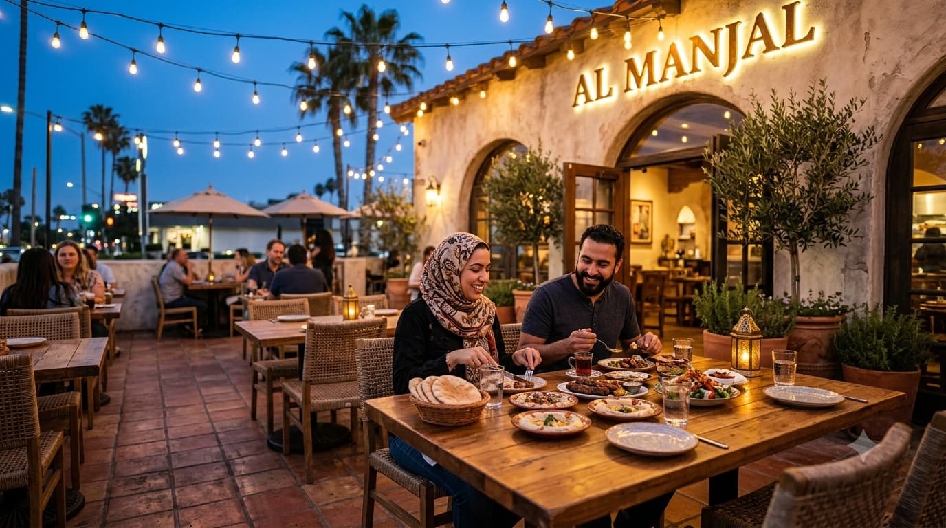 The Al Manjal patio at dusk, glowing under string lights